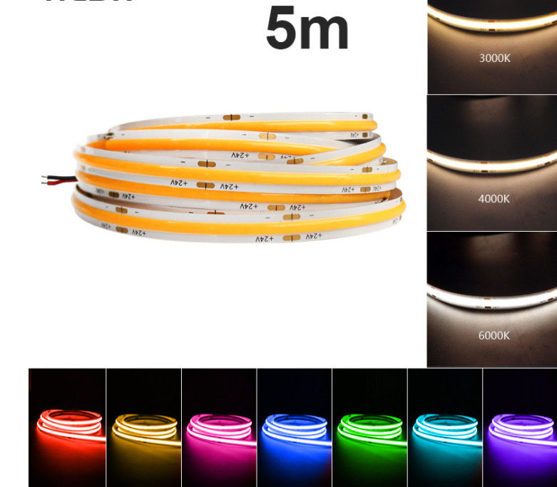 เปลี่ยนสีสมาร์ท 24V COB RGBW แถบ LED 10 มม. กันน้ำ 2700K-6500K